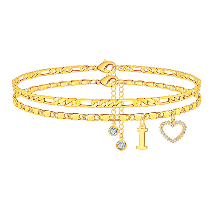 Double Layer Initial Heart Zircon Ankle Bracelet