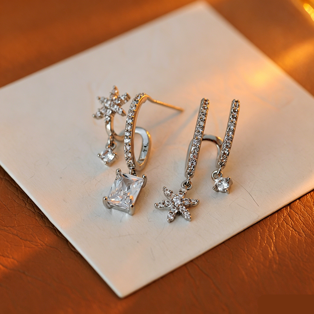 Star Zircon Double Hoop Drop Earrings