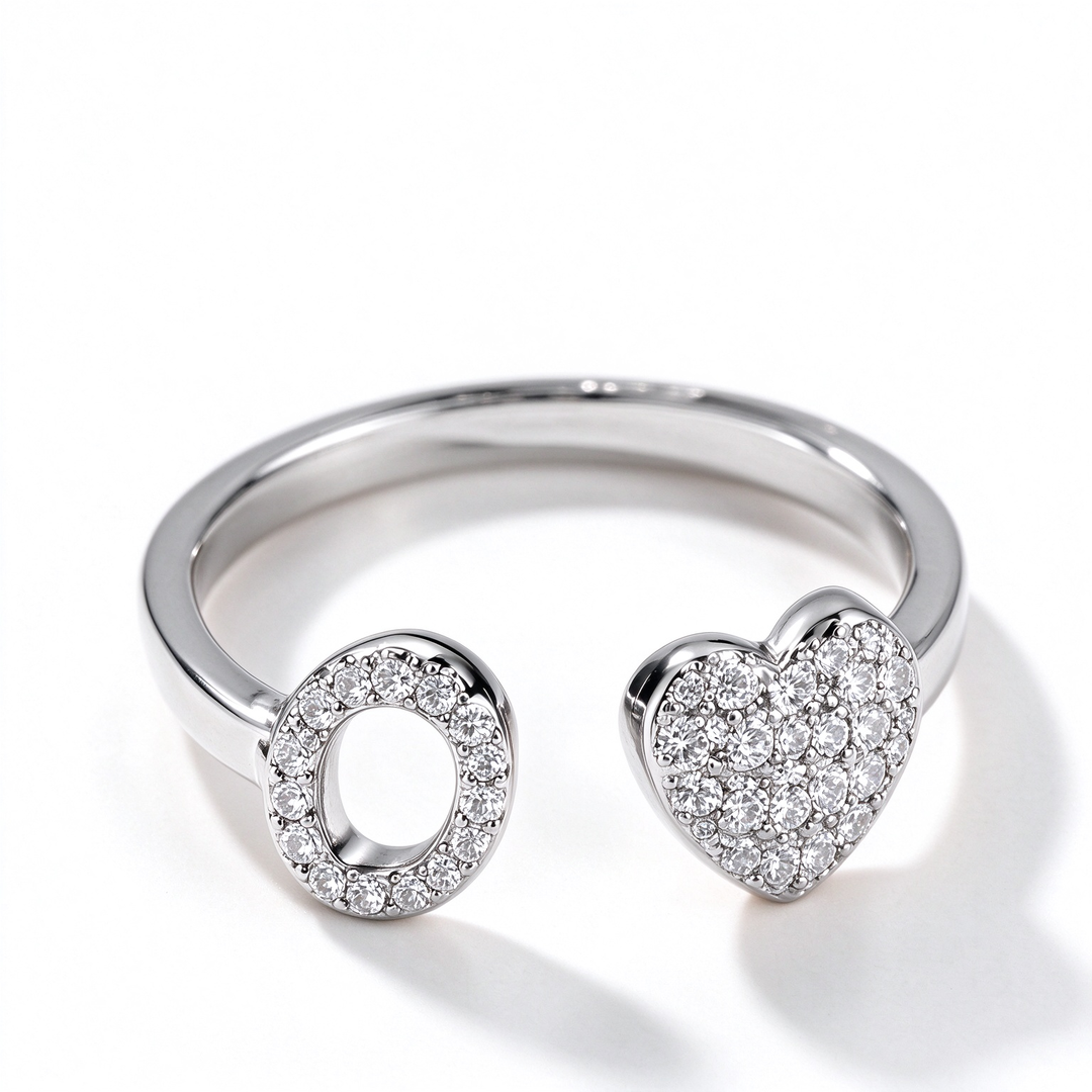 Initial Letter Heart Zircon Adjustable Open Ring