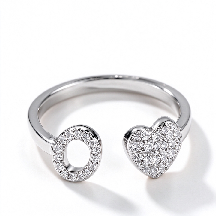 Initial Letter Heart Zircon Adjustable Open Ring