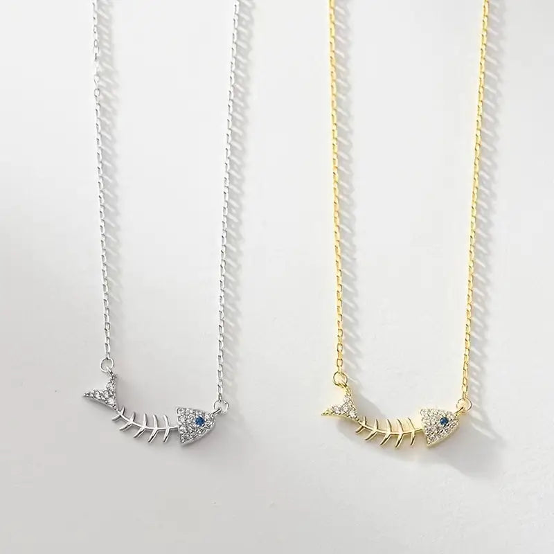 Fashion Inlaid Zircon Fish Bone Necklace