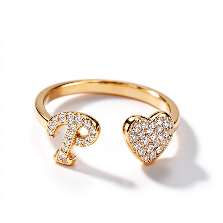 Initial Letter Heart Zircon Adjustable Open Ring