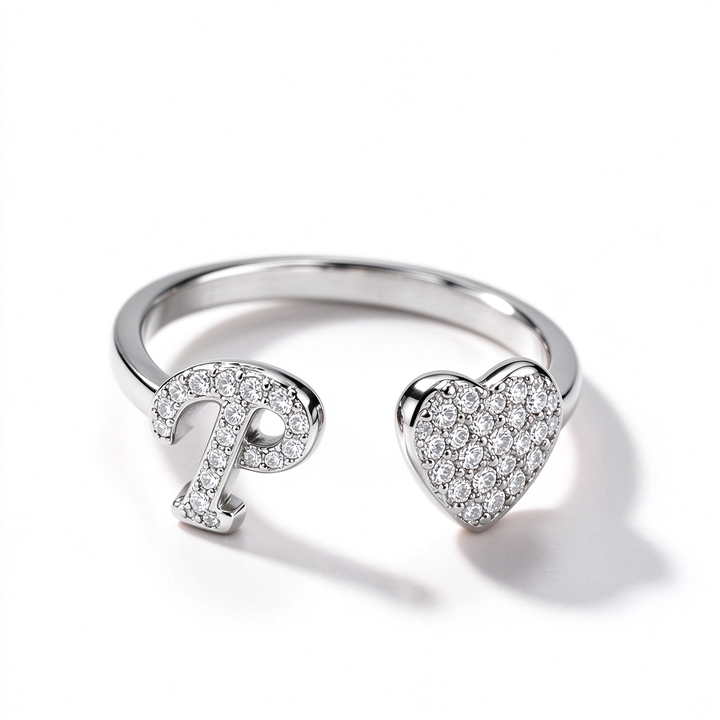 Initial Letter Heart Zircon Adjustable Open Ring