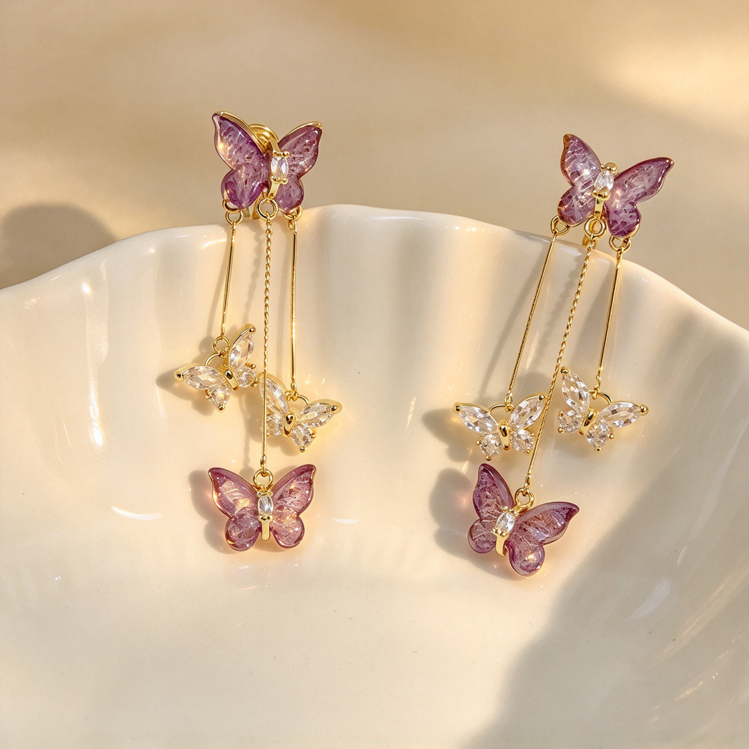 Forest Style Purple Butterfly Dangle Earrings