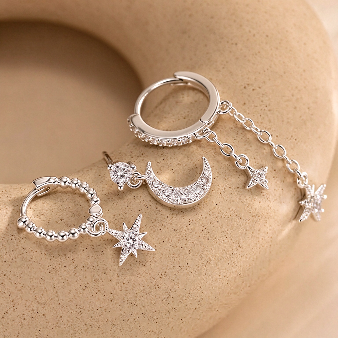 Moon Star Dainty Earring Stack Set