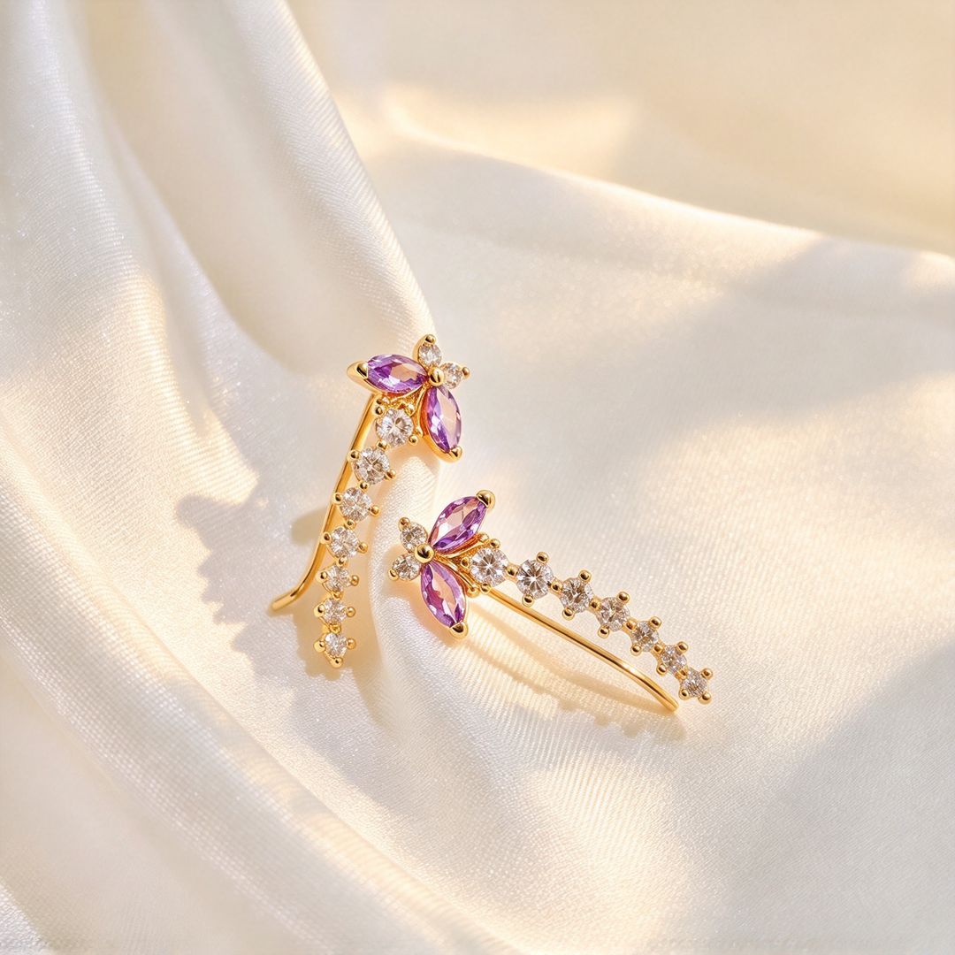 Purple Butterfly CZ Climber Earrings