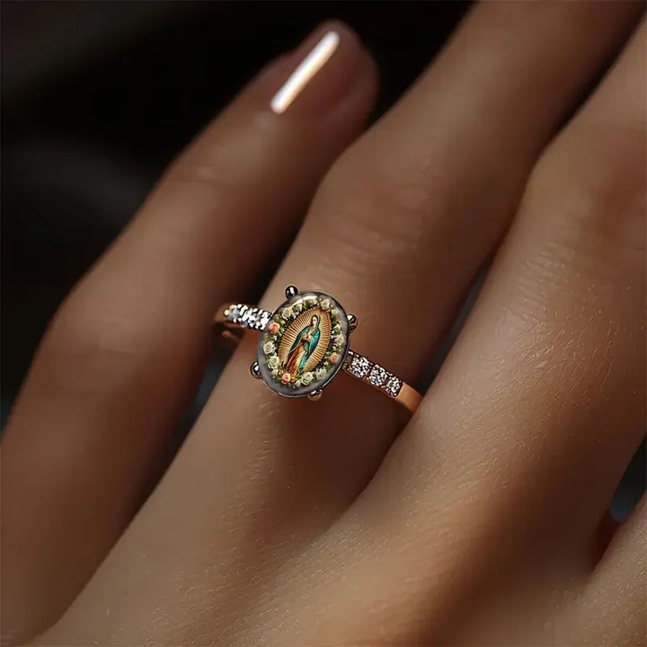 Guadalupe Virgin Floral Oval Print Ring