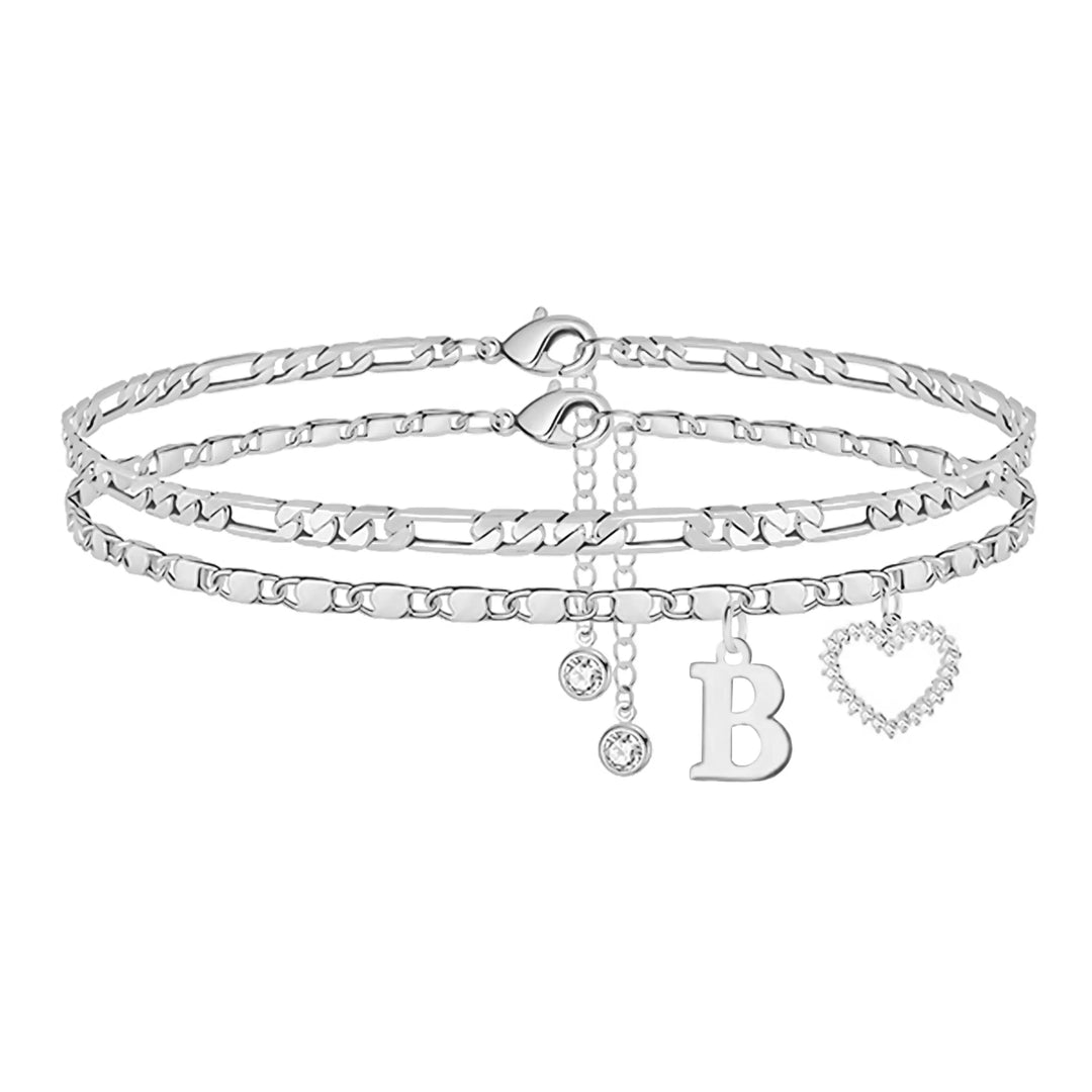 Double Layer Initial Heart Zircon Ankle Bracelet