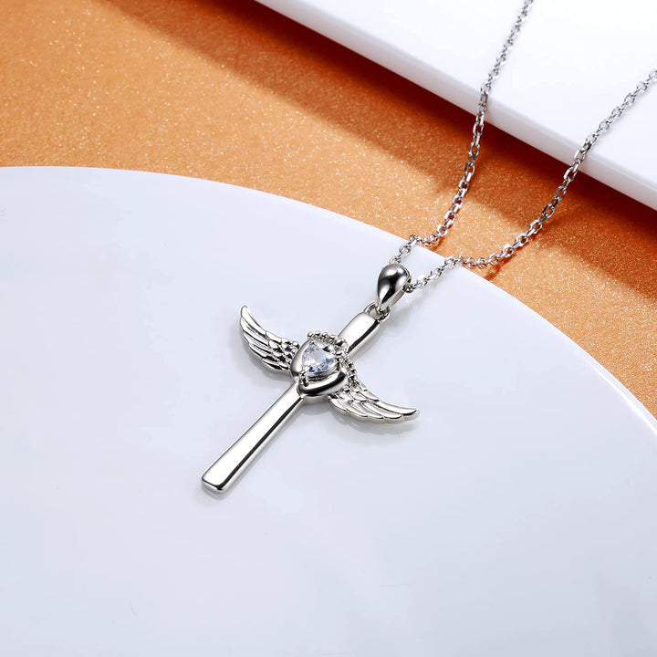 Angel Wings Baby Footprint Cross Pendant Necklace