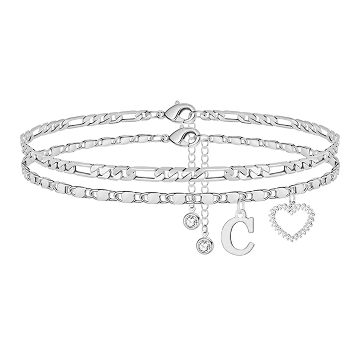 Double Layer Initial Heart Zircon Ankle Bracelet