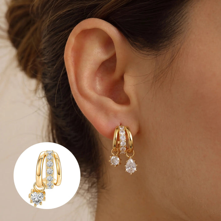 Three Layer Curved Hoop Zircon Drop Earrings