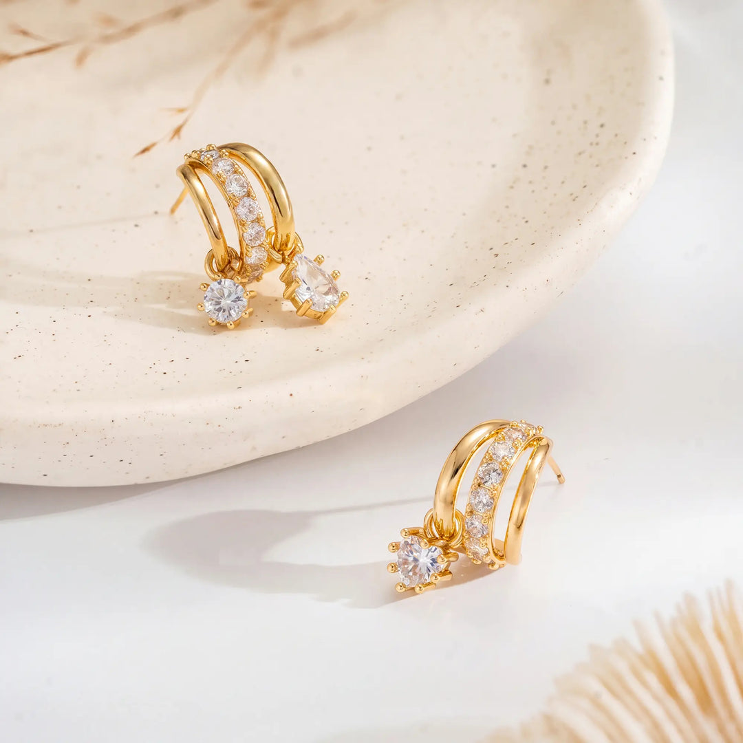 Three Layer Curved Hoop Zircon Drop Earrings