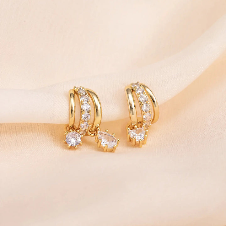 Three Layer Curved Hoop Zircon Drop Earrings