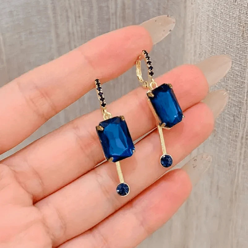 Navy Blue Rectangle Zircon Drop Hoop Earrings