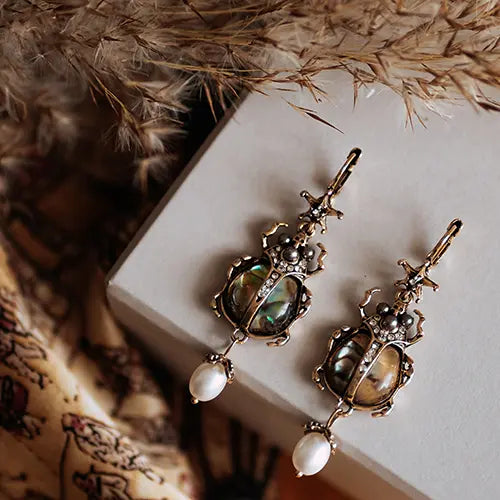 Scarab Abalone Halloween Drop Earrings