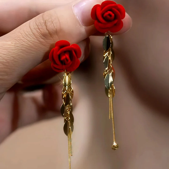 Red Rose Wheat Tassel Earrings