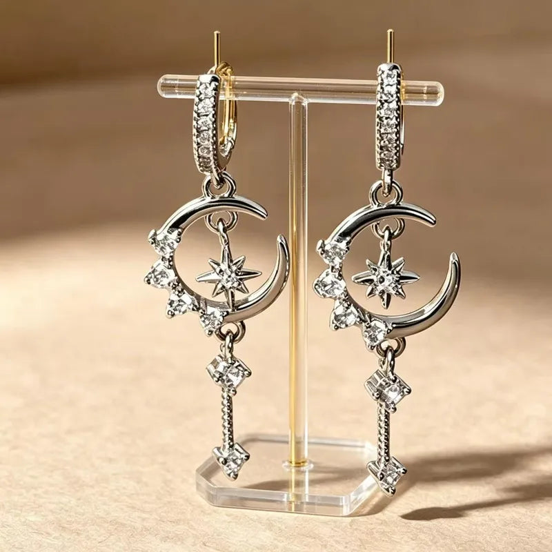 Zircon Moon Star Dangling Earrings