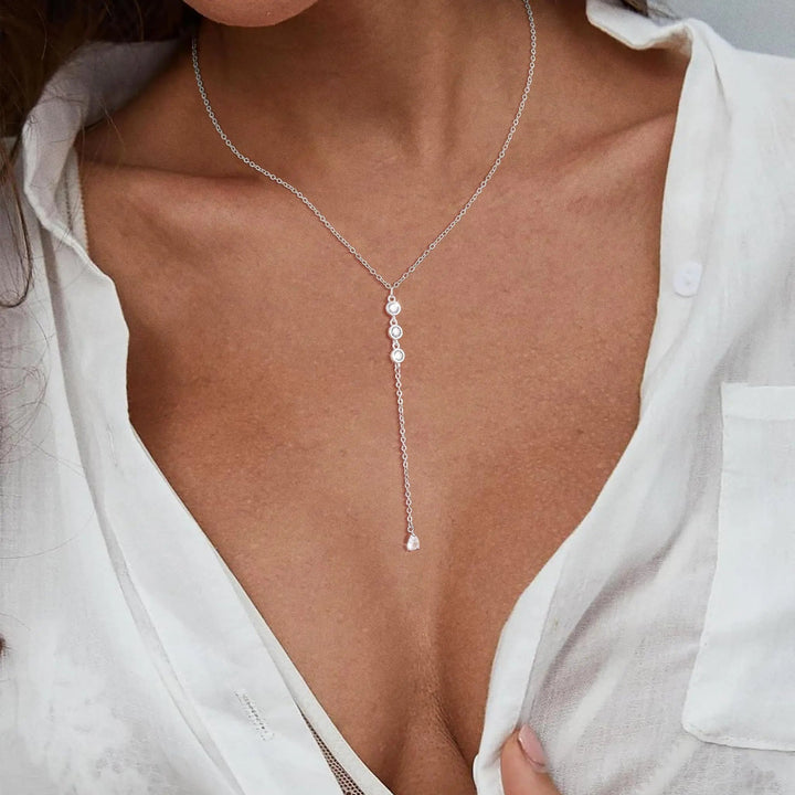 Pave Zircon Y Drop Tassel Necklace Daily Outfit
