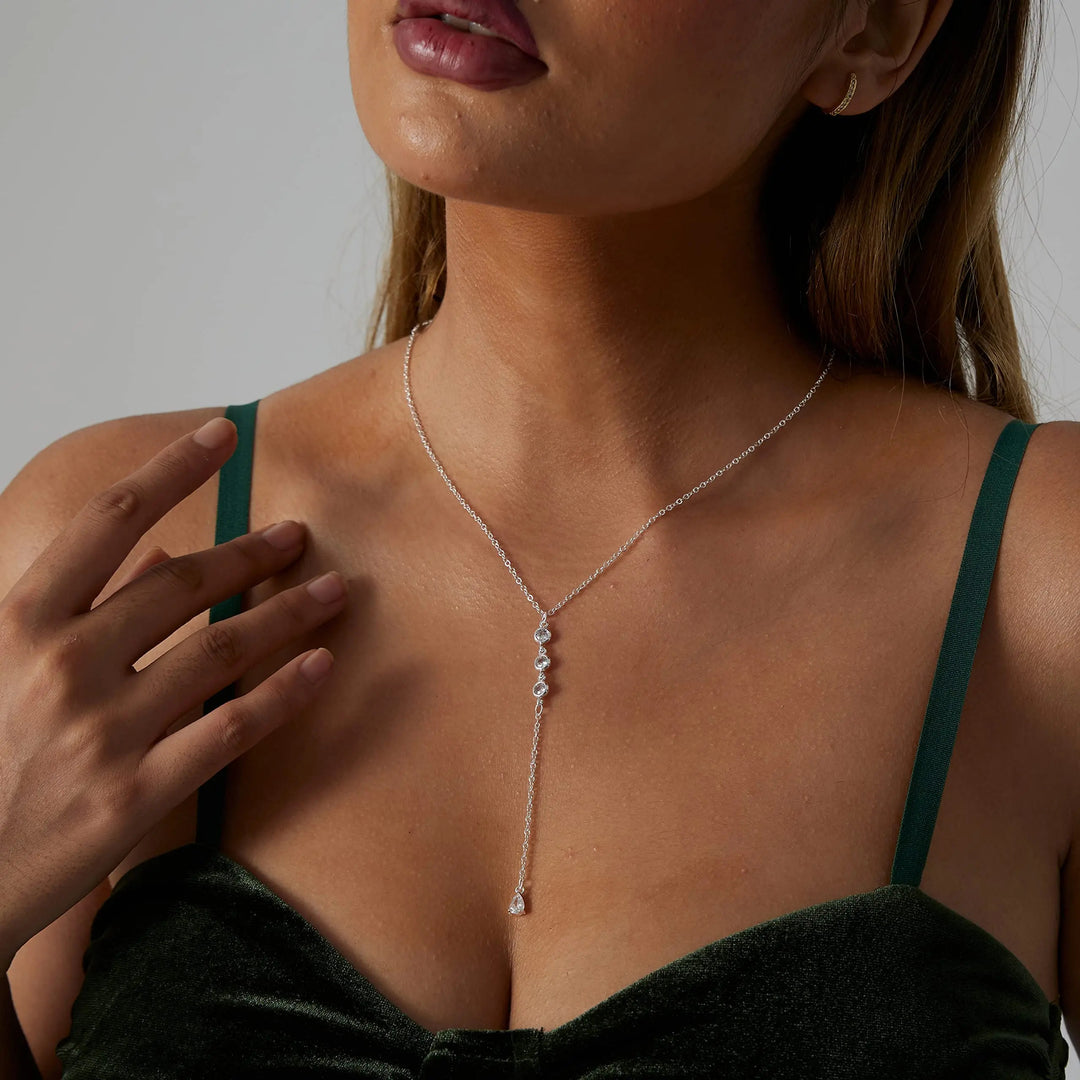 Pave Zircon Y Drop Tassel Necklace Daily Outfit