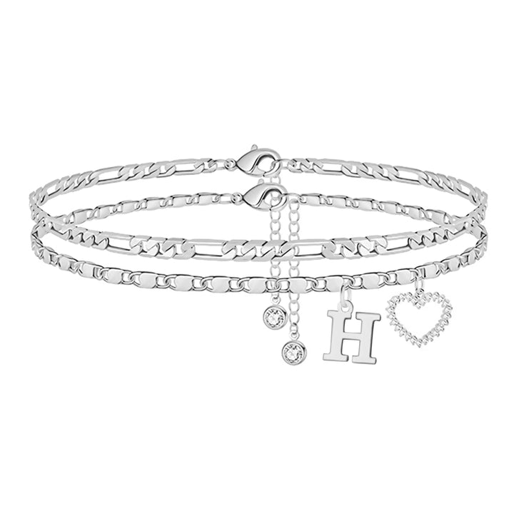 Double Layer Initial Heart Zircon Ankle Bracelet