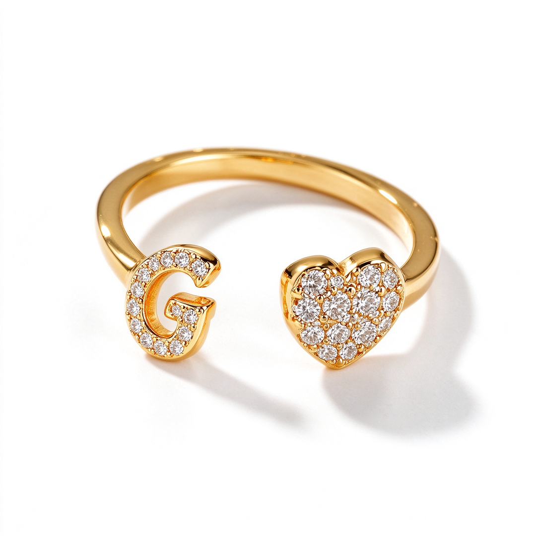 Initial Letter Heart Zircon Adjustable Open Ring