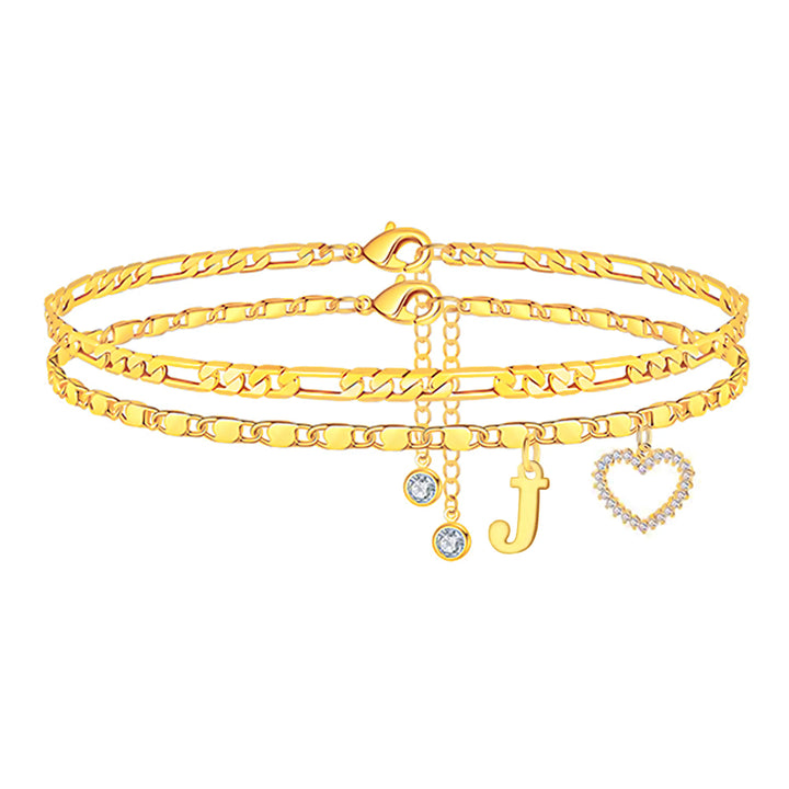 Layered Initial And Heart Zircon Adjustable Anklet Set