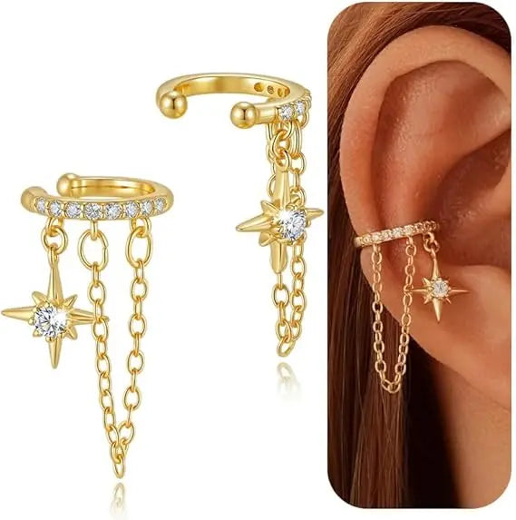 S925 Silver Star Zircon Tassel Non Pierced Ear Cuff