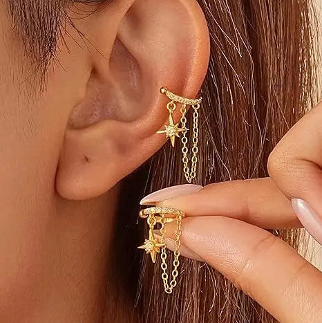 S925 Silver Star Zircon Tassel Non Pierced Ear Cuff