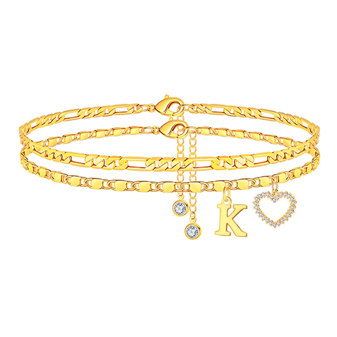 Layered Initial And Heart Zircon Adjustable Anklet Set