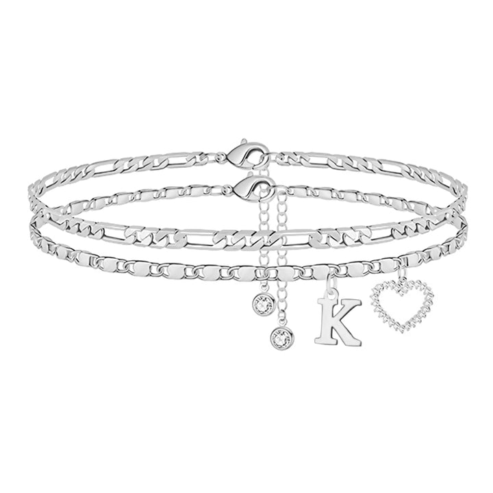 Double Layer Initial Heart Zircon Ankle Bracelet