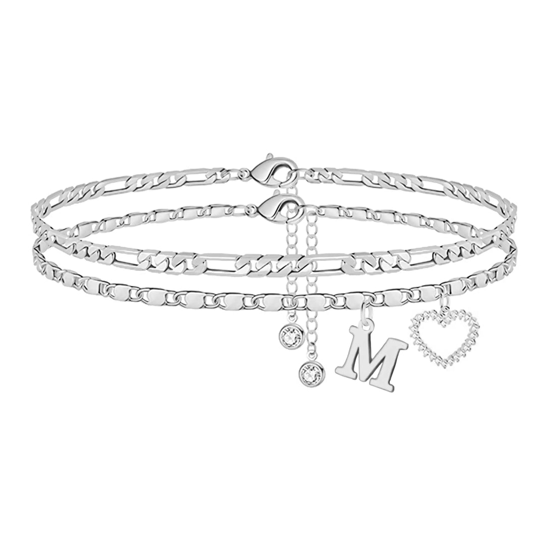 Double Layer Initial Heart Zircon Ankle Bracelet