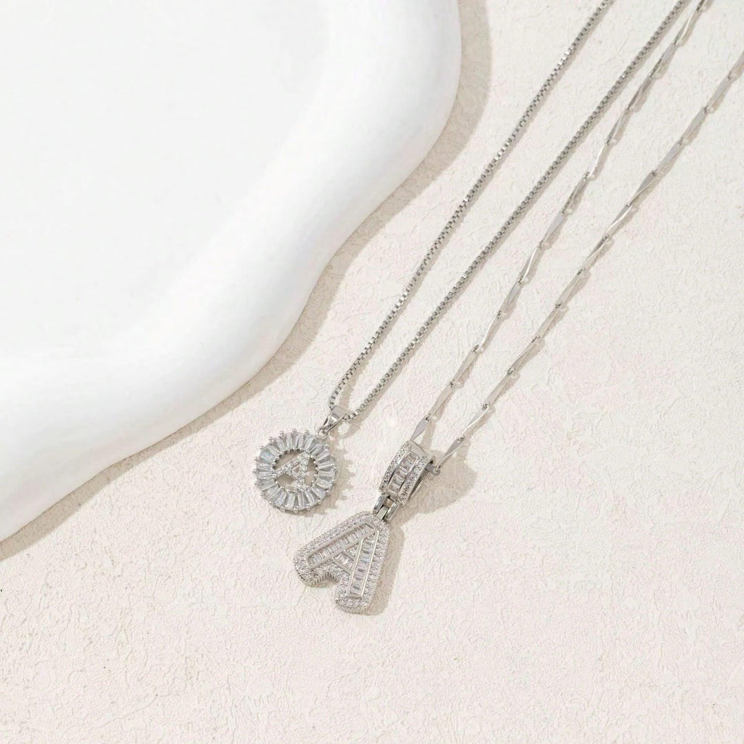 Two Piece Zircon Initial Letter Necklace Set Unisex