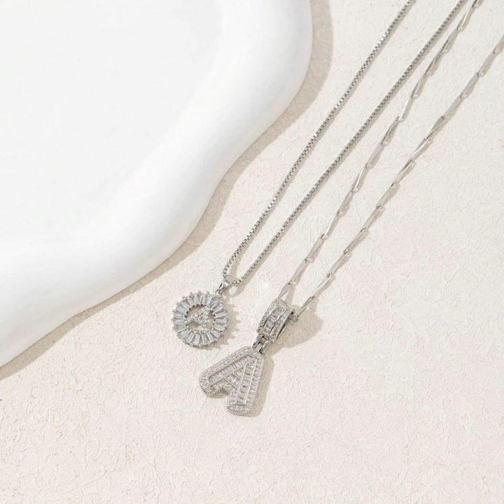 Two Piece Zircon Initial Letter Necklace Set Unisex