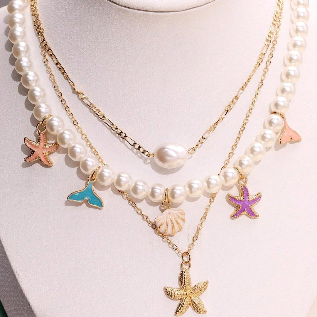 Layered Shell Starfish Pearl Necklace for Women