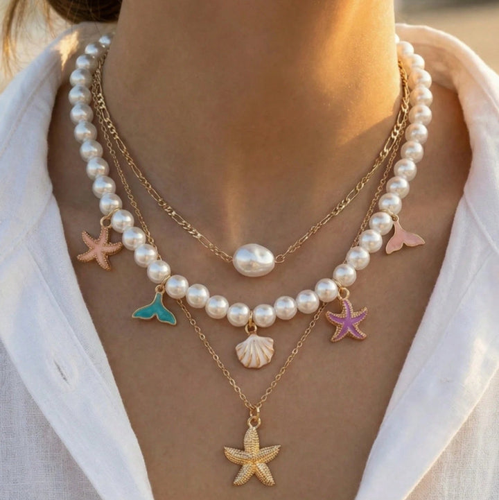 Layered Shell Starfish Pearl Necklace for Women