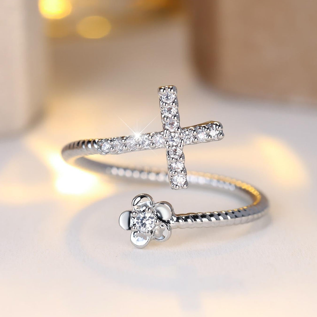 Cross and Flower Zircon Adjustable Open Ring