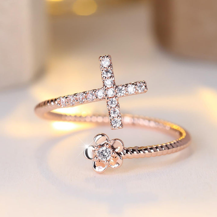Cross and Flower Zircon Adjustable Open Ring