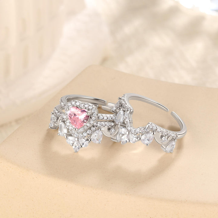 Luxurious Pink Heart Crown Ring Set