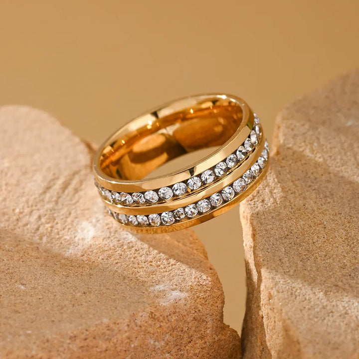 Double Row Zircon Stainless Steel Band Ring