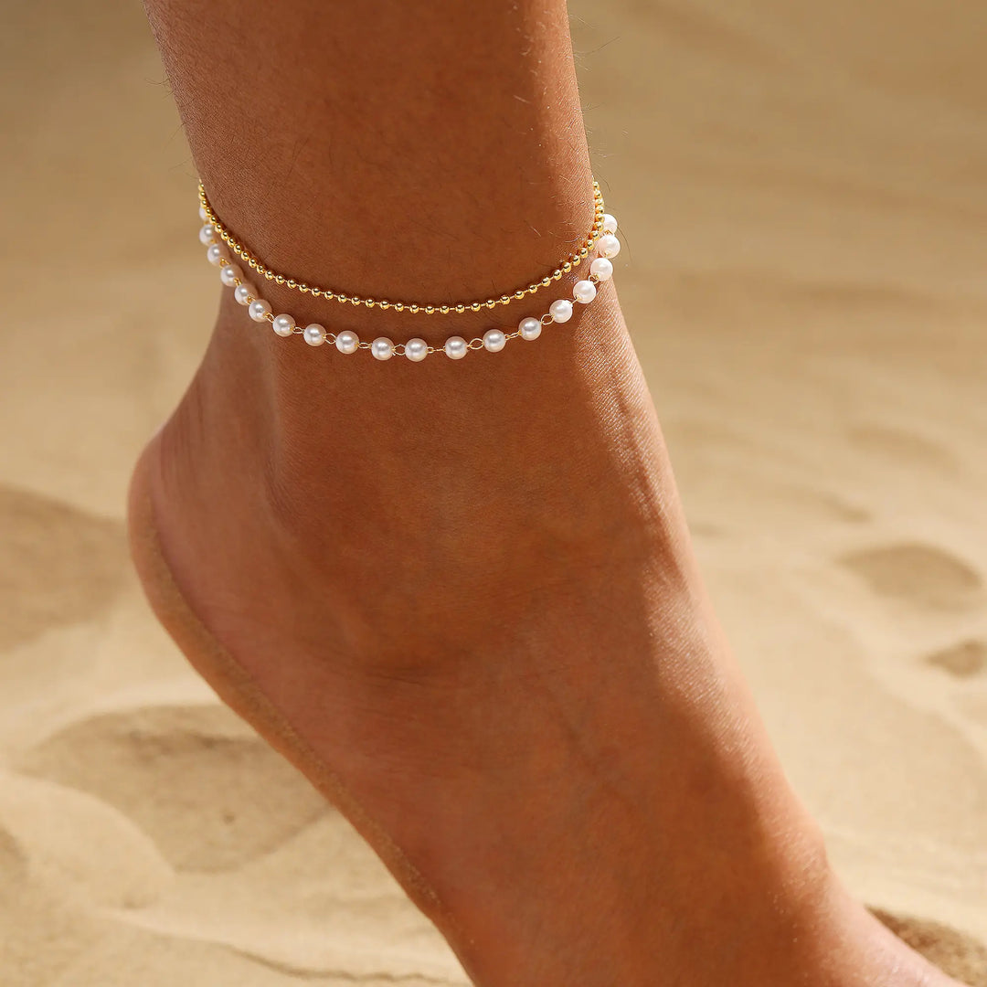 Pearl Beaded Layered Anklet