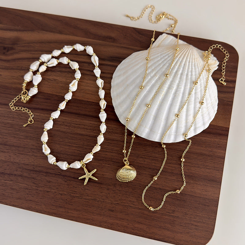 Layered Shell Starfish Pearl Necklace for Women