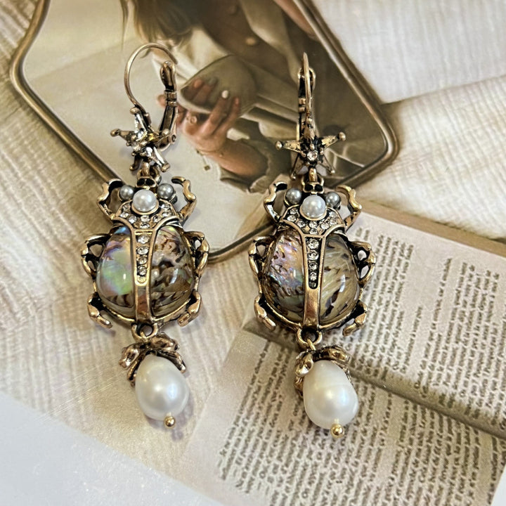Scarab Abalone Halloween Drop Earrings