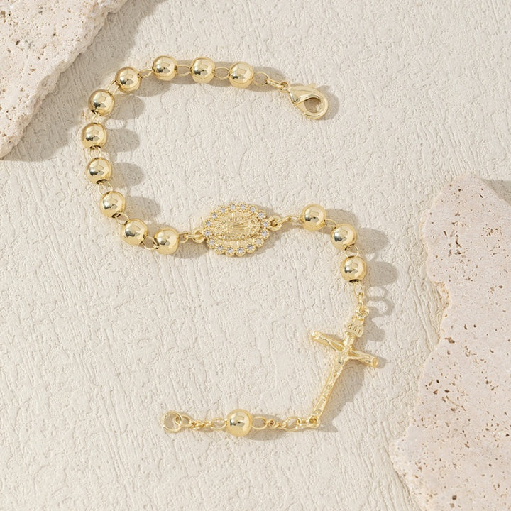 Gold Rosary Cross Bracelet CZ Detail