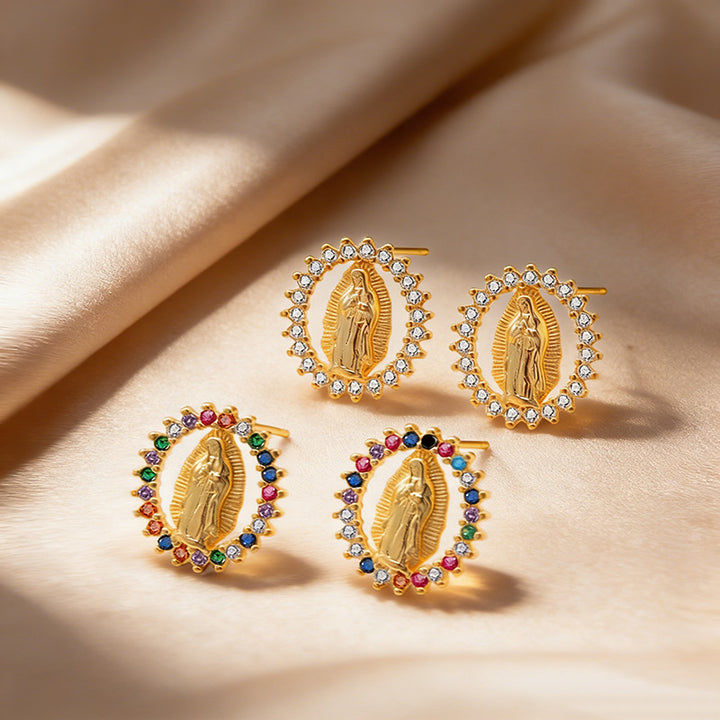 Virgin Mary Rainbow Crystal Stud Earrings