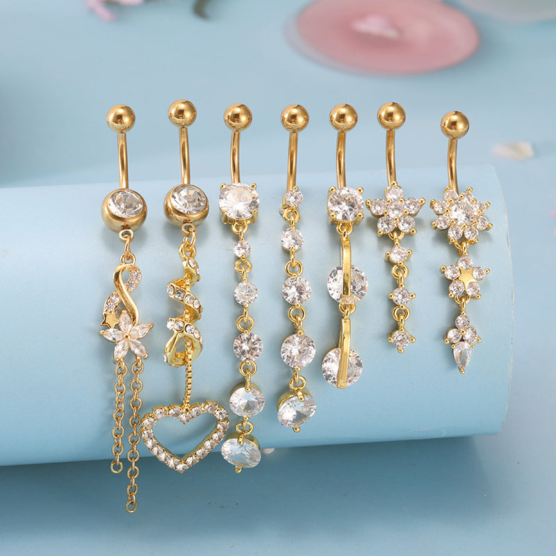 Floral Heart Rhinestone Belly Button Ring Women Body Piercing Jewelry