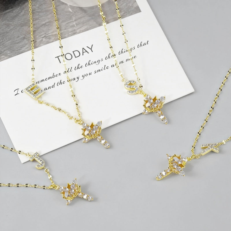 Crown Cross Initial Necklace for Women