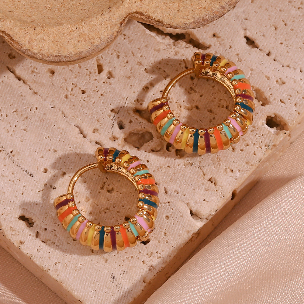 Rainbow Enamel Ribbed Hoop Earrings
