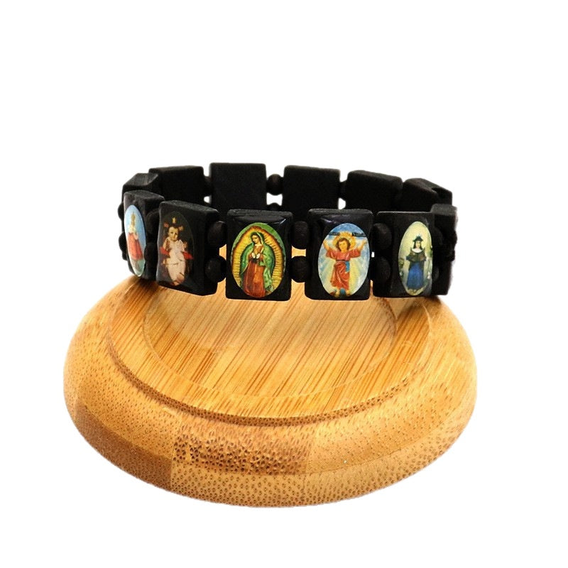 Religious Saint Medals Wooden Bezel Bracelet
