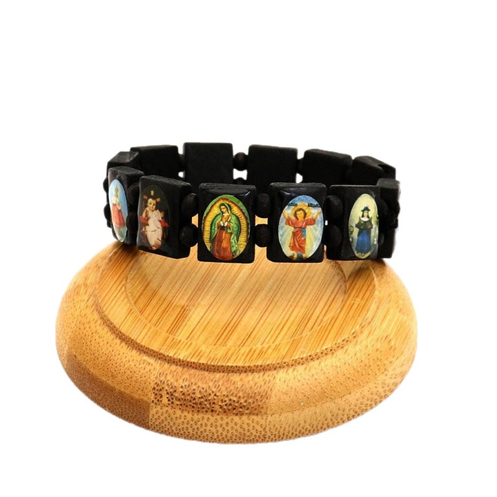 Religious Saint Medals Wooden Bezel Bracelet