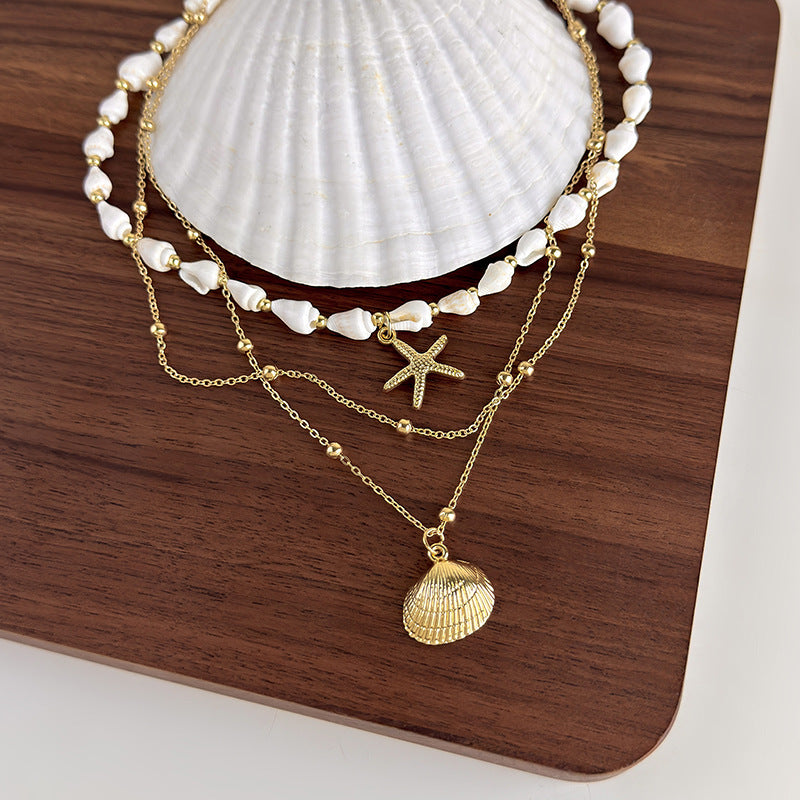 Layered Shell Starfish Pearl Necklace for Women